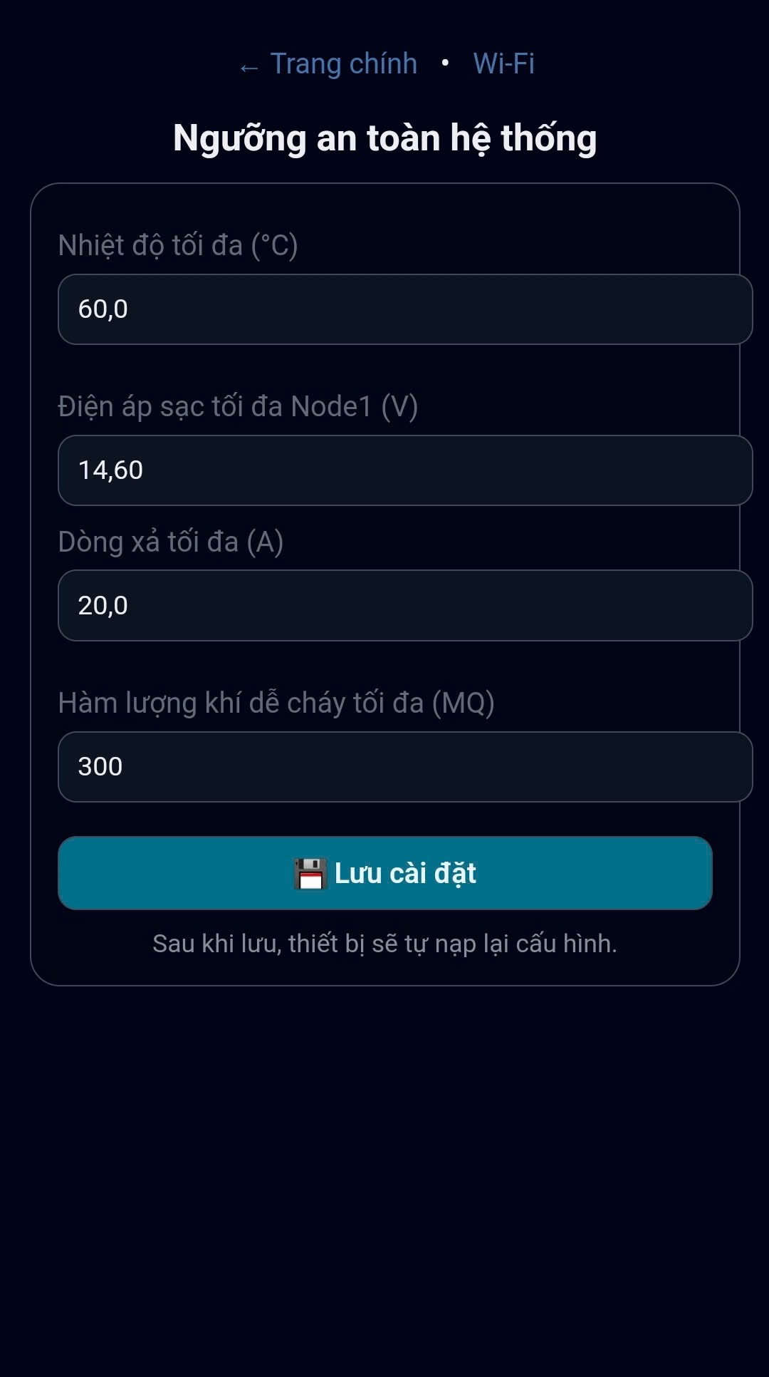 Giao diện cài đặt ngưỡng an toàn: nhiệt độ, điện áp, dòng xả và khí MQ
