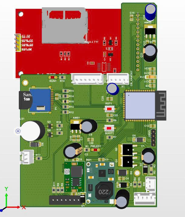 Mô hình 3D bo mạch IoT Edge tích hợp màn hình màu TFT 2.4 inch, W5500 LAN và thẻ nhớ MicroSD